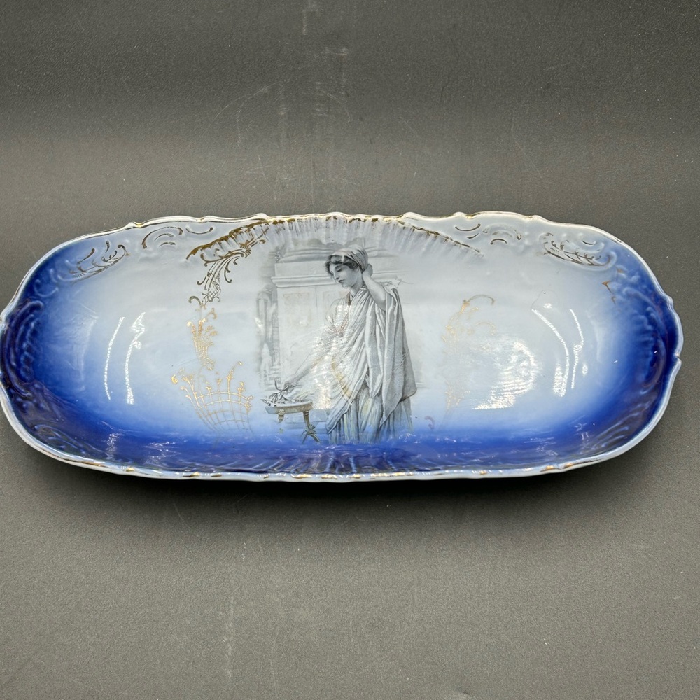 Antique Blue and White Porcelain Serving Dish with Gold Accents